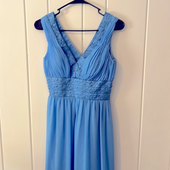 DAVIDS BRIDAL Blue Grecian Sleeveless V Neck Embroidered Midi Prom Dress 4 NWOT - Picture 3 of 12